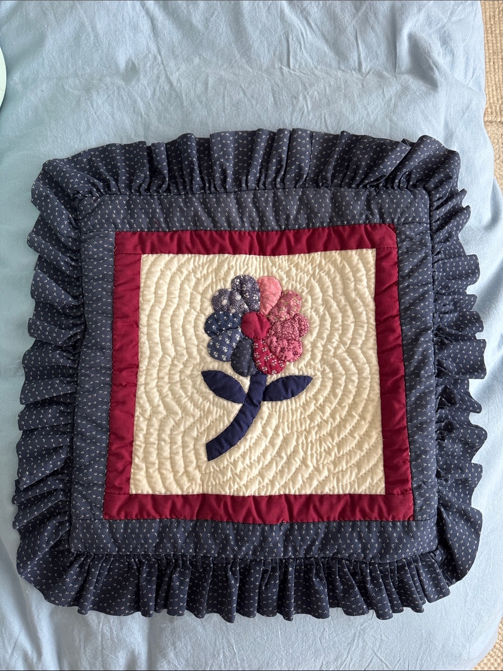 Handmade Floral Quilted Pillow Cover - Navy, Cream, Burgundy